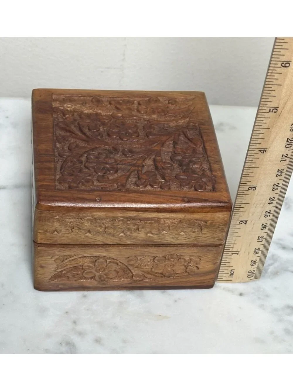 Hand Carved Wooden Keepsake Box, Floral Carved Wood Jewelry Box Vintage Style